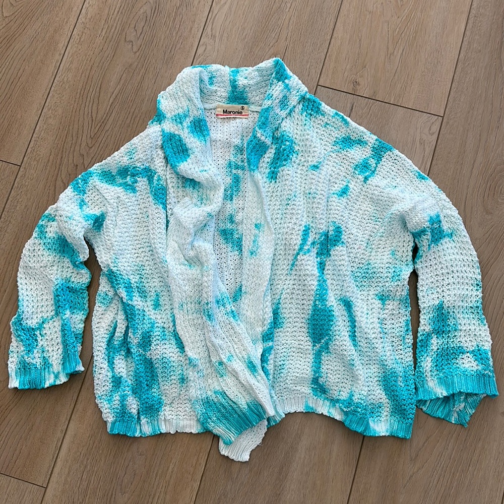 NWOT Maronie x Revolve turquoise and white waffle weave open cardigan